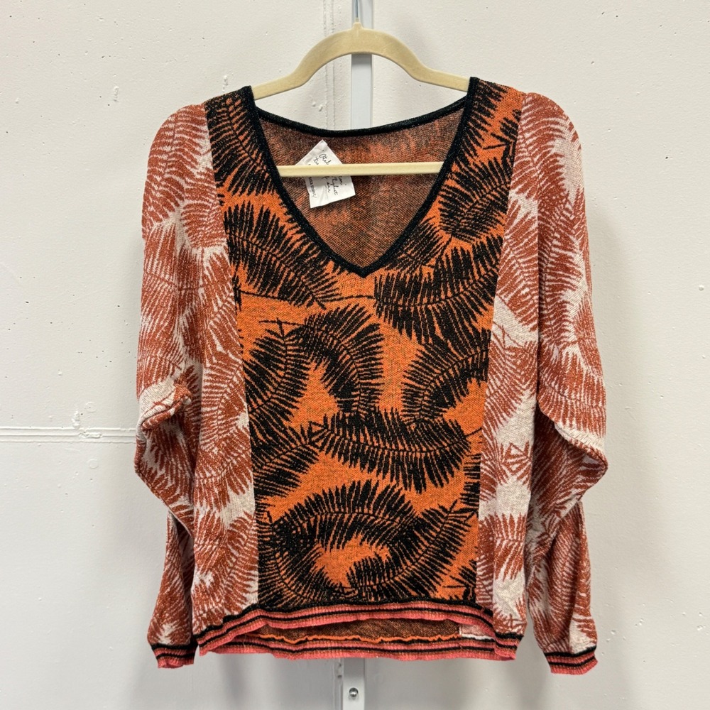 Sita Murt Orange Palm Leaf Print Linen Blend V-Neck Metallic Knit Sweater Top